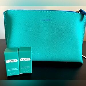 New La Mer Turquoise & Blue Zip Top Makeup Bag DOPP kit + micropeel samples